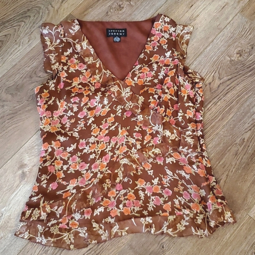 Spenser Jeremy  Brown Sleeveless Ruffled Blouse 100% Silk  Size: M